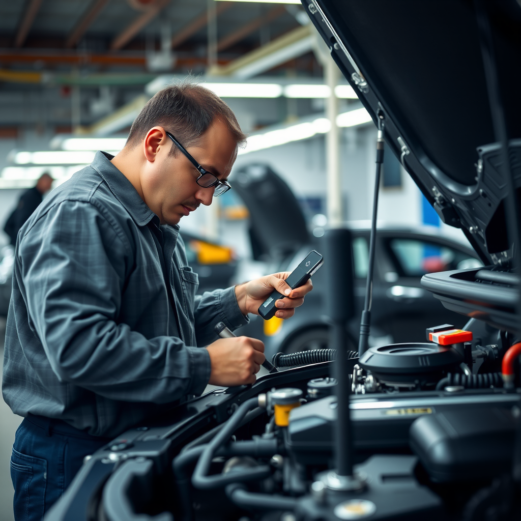 Mechanic performing thorough pre-purchase inspection on vehicle engine, checking fluid levels, belts, and mechanical components with professional diagnostic tools in well-lit automotive service center