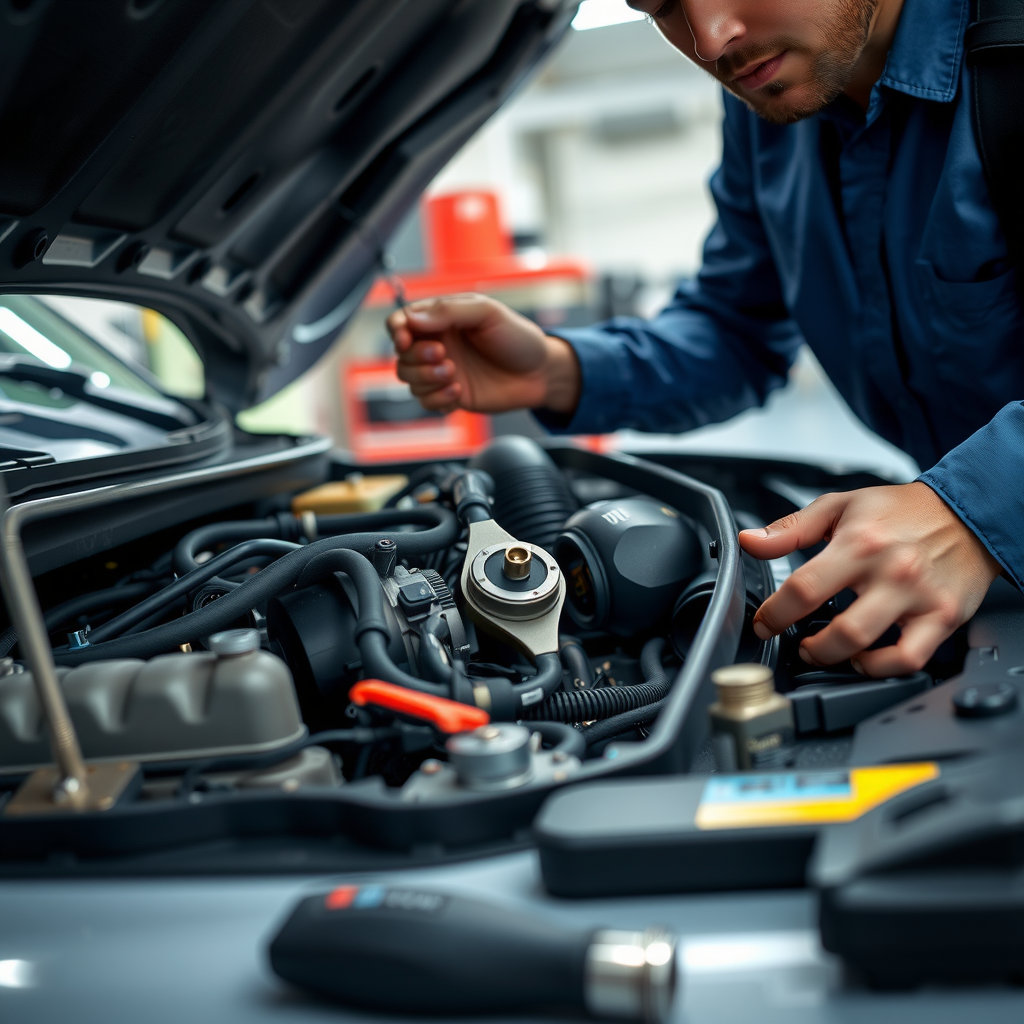 Detailed close-up of a mechanic inspecting a pre-owned vehicle engine, checking oil levels, examining belts and hoses, with diagnostic tools visible on a clean workshop table
