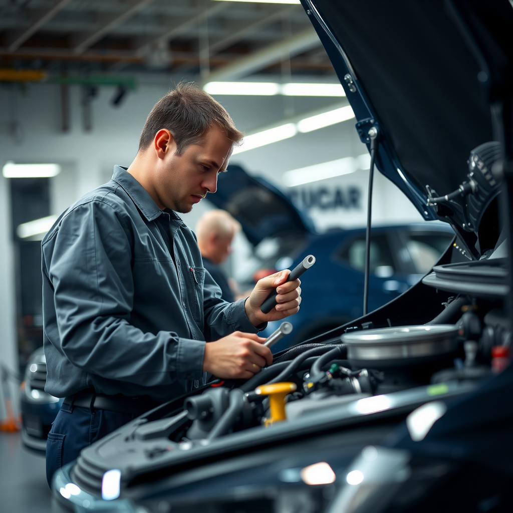Mecánico profesional inspeccionando detalladamente un vehículo usado en un taller bien iluminado, verificando el motor y componentes mecánicos con herramientas especializadas