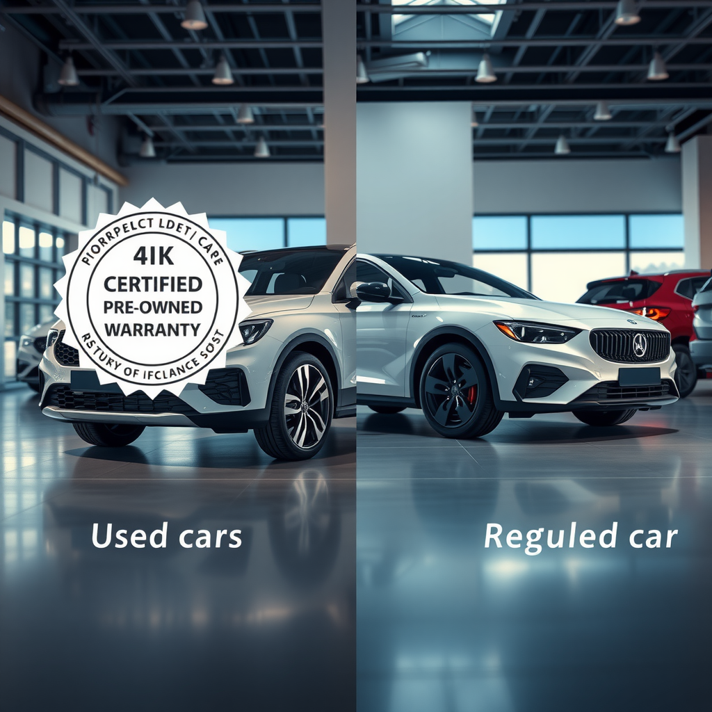 Comparación visual entre un vehículo certificado pre-owned con sello de garantía y un auto usado regular en un concesionario, mostrando las diferencias en presentación y documentación
