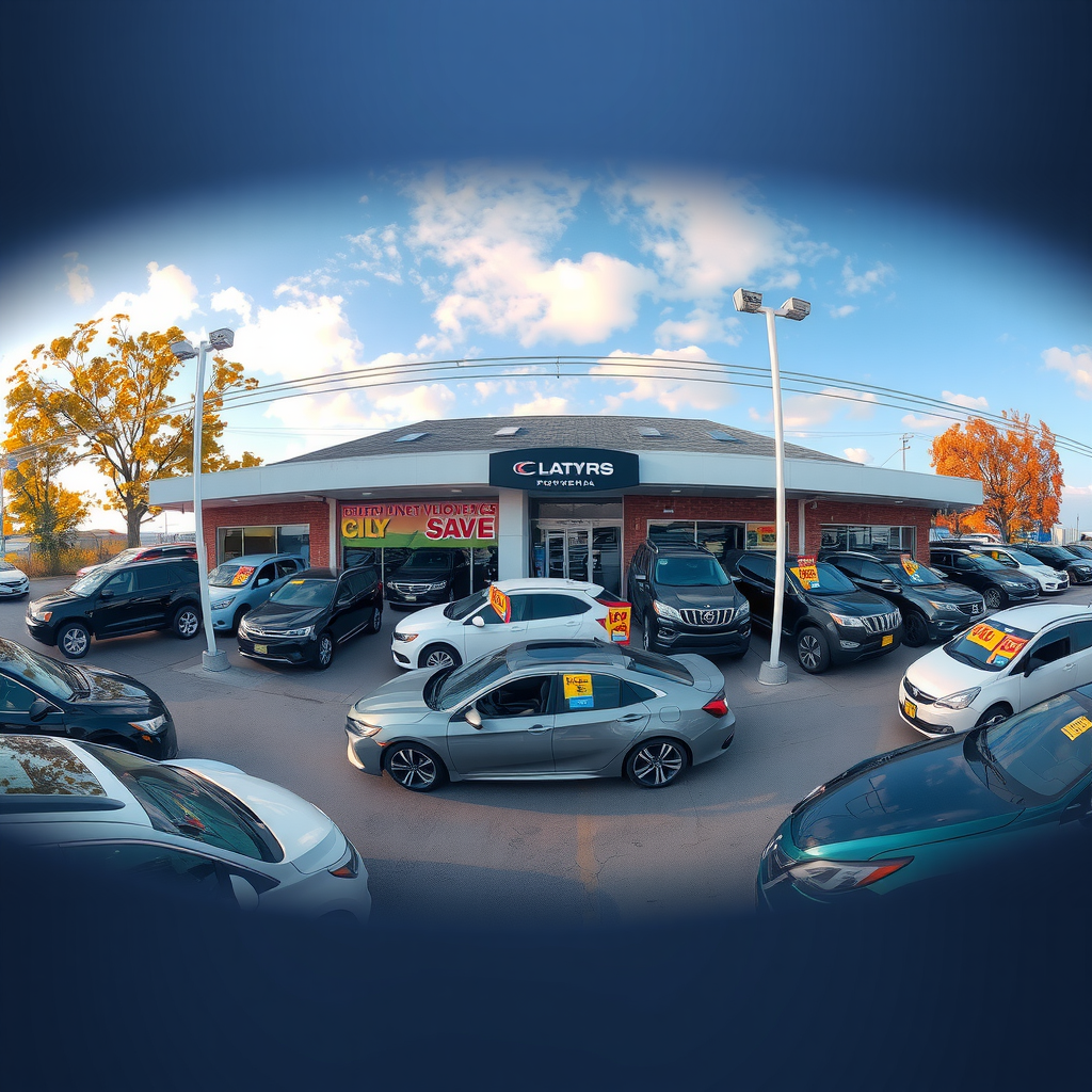 Vista panorámica de un concesionario de vehículos usados durante diferentes estaciones del año, mostrando automóviles en exhibición con carteles de precios especiales y promociones estacionales, ambiente profesional y acogedor