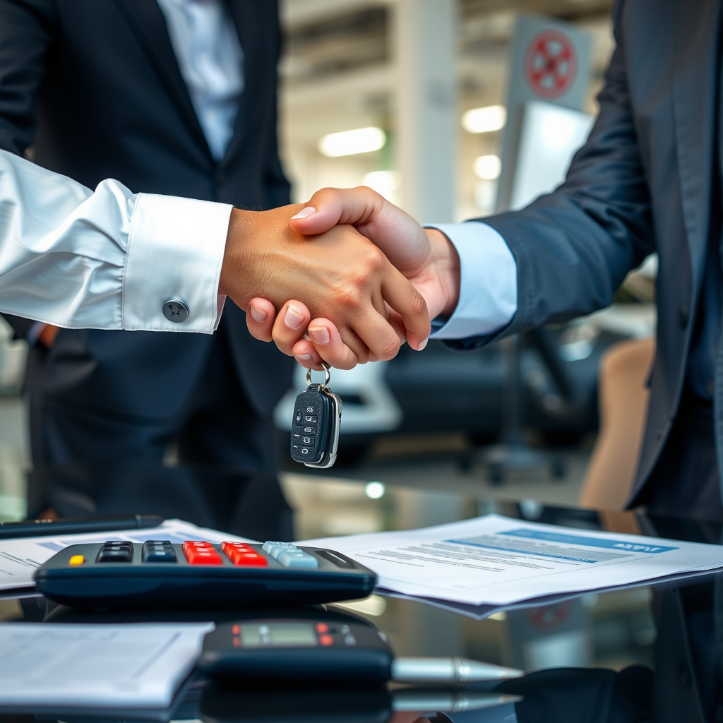 Successful negotiation scene showing buyer and seller shaking hands over car purchase agreement with vehicle keys, contract documents, and calculator on desk in dealership office