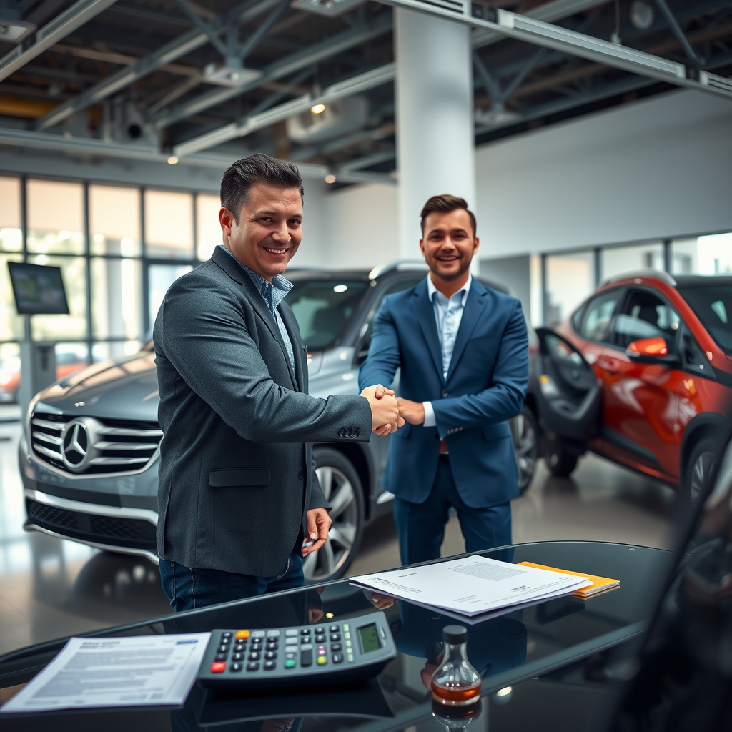 Professional car salesperson and customer shaking hands in front of a quality pre-owned vehicle in a modern dealership showroom, with paperwork and calculator on desk showing transparent pricing