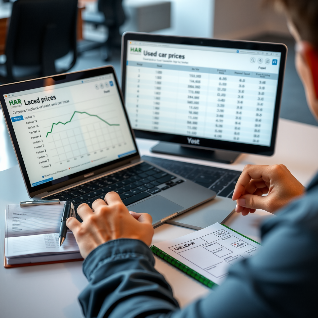 Persona investigando precios de autos usados en laptop, con gráficos comparativos de precios en pantalla, libreta con anotaciones y calculadora sobre escritorio moderno