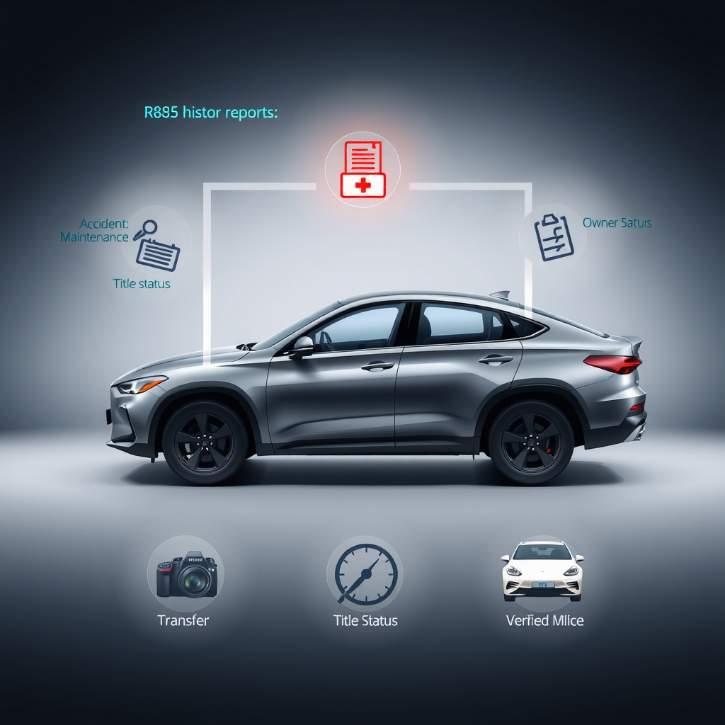Infografía mostrando los componentes principales de un informe de historial vehicular: registros de accidentes, historial de mantenimiento, transferencias de propiedad, estado del título y kilometraje verificado, con iconos representativos para cada sección