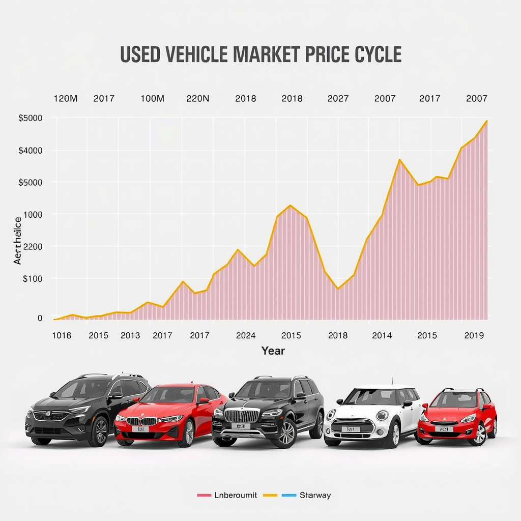 Gráfico detallado mostrando los ciclos de precios del mercado de vehículos usados a lo largo del año, con líneas de tendencia, picos y valles estacionales, indicadores de mejor momento de compra
