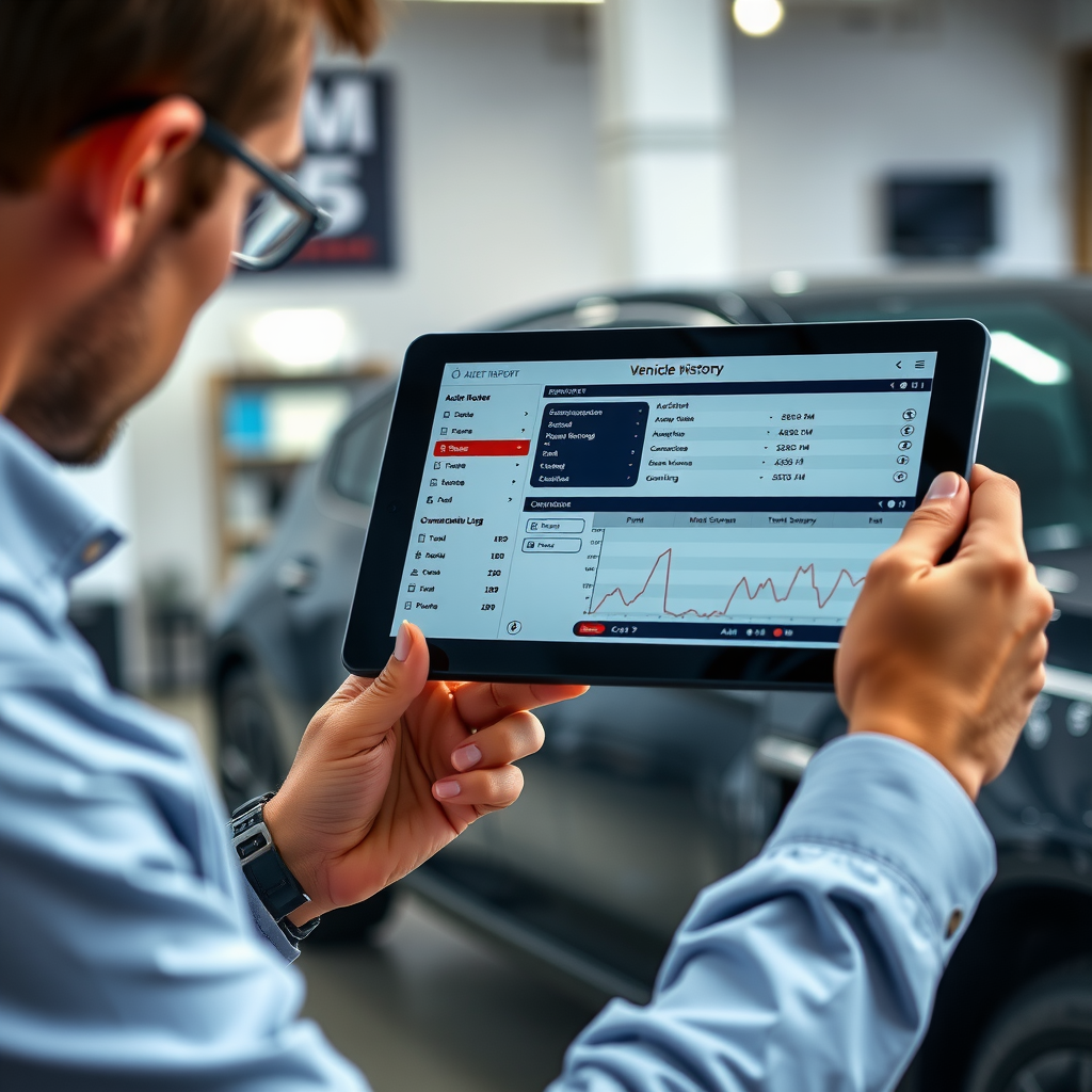 Buyer carefully examining detailed vehicle history report on digital tablet showing accident records, service maintenance logs, and ownership timeline with pre-owned car visible in background