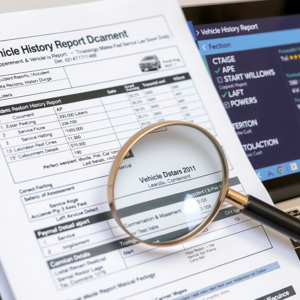 Close-up of a comprehensive vehicle history report document showing accident records, service logs, and ownership details, with a magnifying glass highlighting important sections and a laptop displaying digital verification