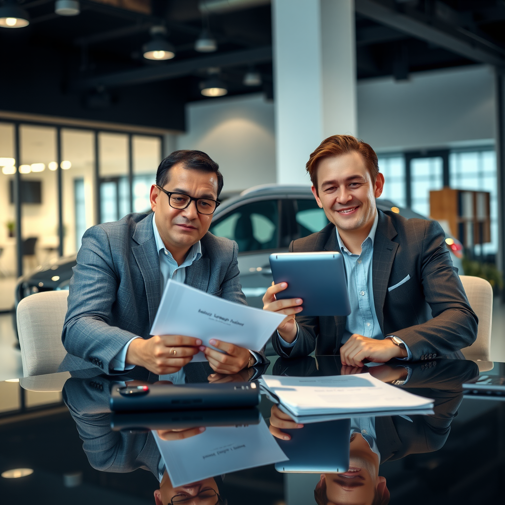 Dos personas en negociación profesional sobre compra de auto, sentados en oficina moderna con documentos y tablet sobre mesa, expresiones serias pero cordiales