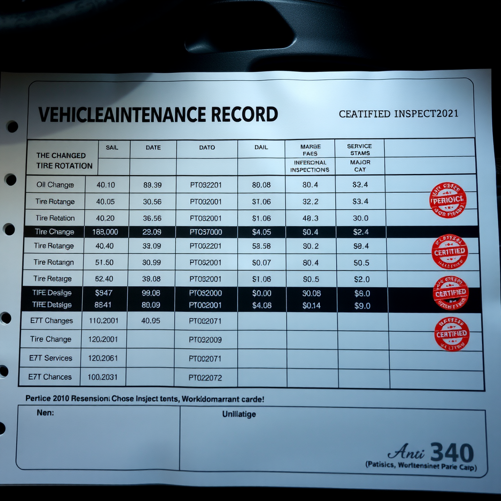 Registro de mantenimiento vehicular detallado mostrando cambios de aceite, rotación de neumáticos, inspecciones periódicas y reparaciones mayores organizados cronológicamente, con sellos de talleres certificados y fechas de servicio