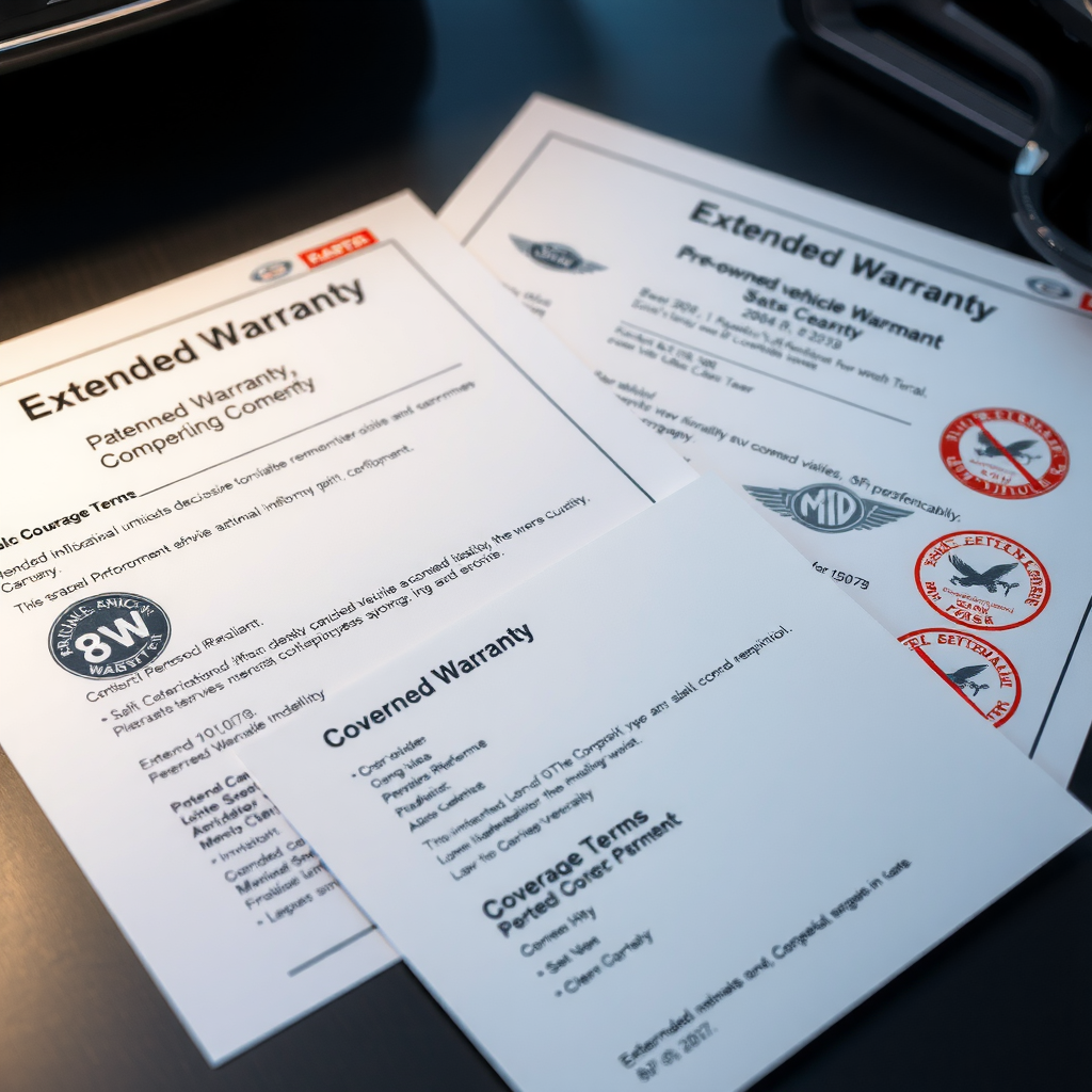 Documentos de garantía extendida y certificación de vehículo pre-owned sobre escritorio, mostrando sellos oficiales del fabricante y términos de cobertura detallados