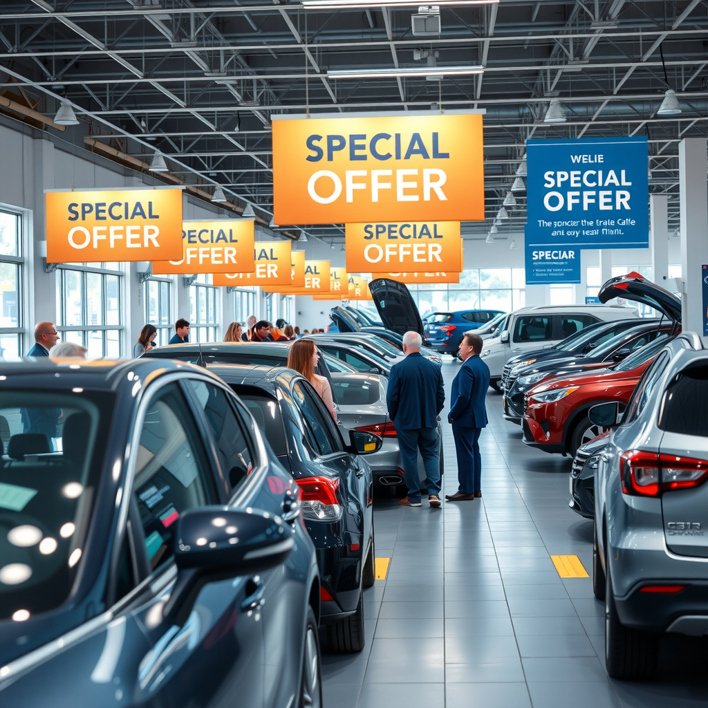 Concesionario de vehículos usados en primavera con carteles de ofertas especiales, clientes evaluando automóviles, ambiente luminoso y profesional, vehículos del año anterior en exhibición destacada