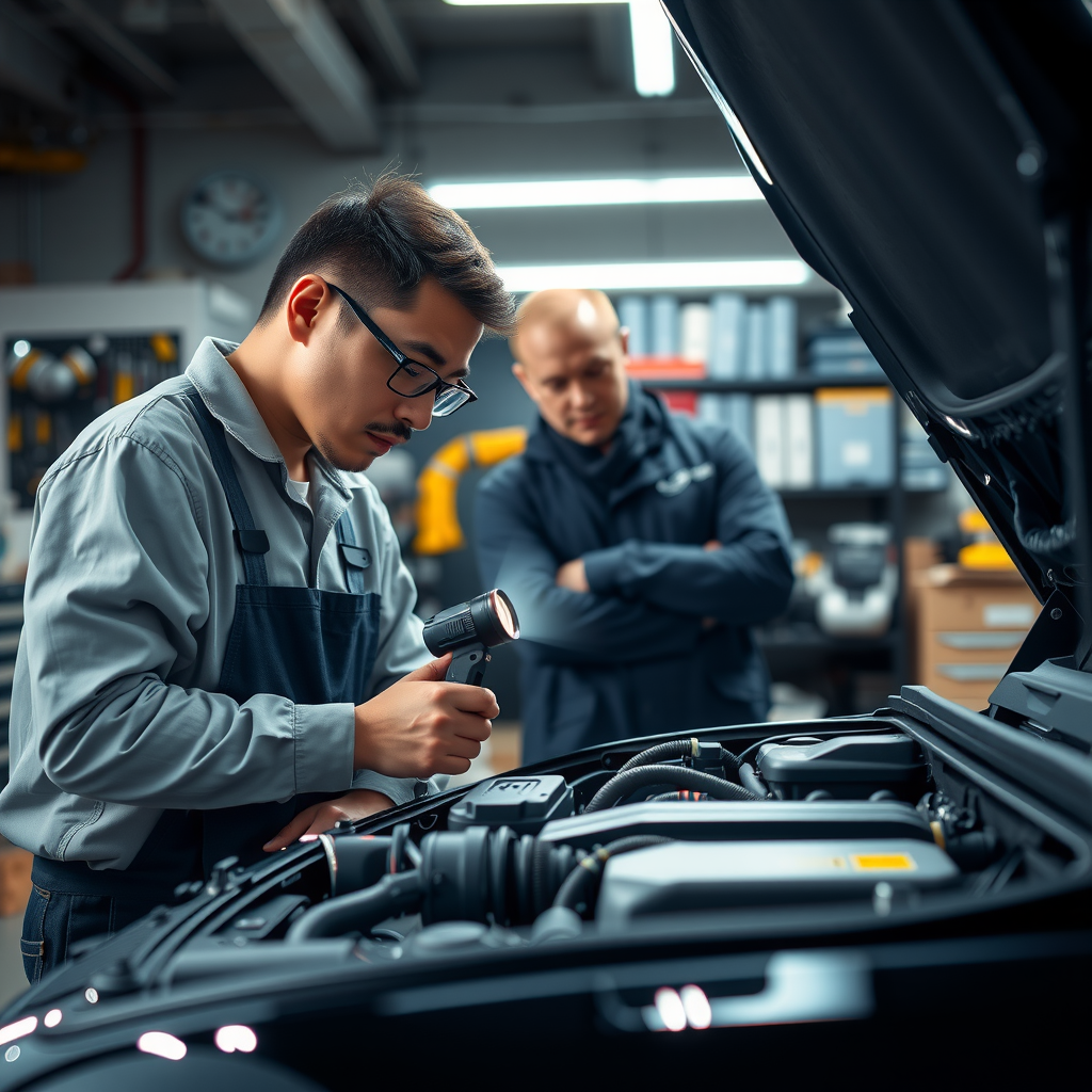 Mecánico profesional inspeccionando motor de auto usado con linterna, comprador observando atentamente, taller bien iluminado con herramientas profesionales en fondo