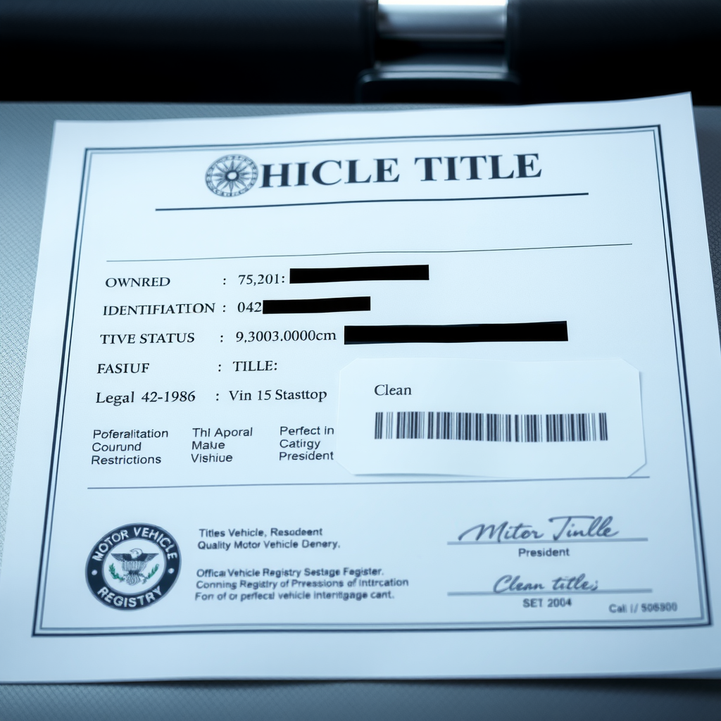 Documento de título vehicular limpio mostrando información de propiedad, número de identificación del vehículo (VIN), estado legal sin gravámenes ni restricciones, con sello oficial y firma del presidente del registro automotor