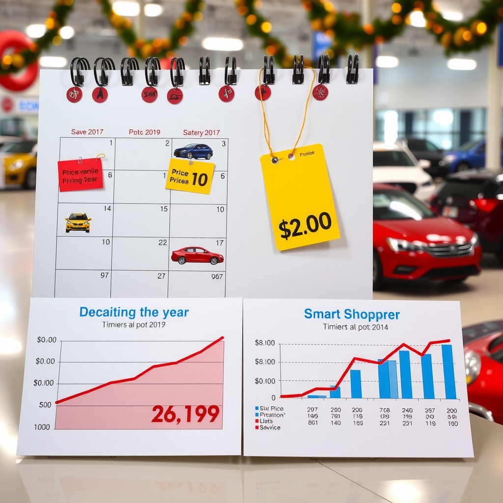 Calendar showing different seasons with vehicle icons and price tags, dealership lot in background with seasonal decorations, charts showing price trends throughout the year, and a smart shopper reviewing timing strategies
