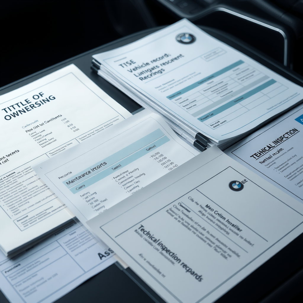 Documentos de vehículo organizados sobre una mesa, incluyendo título de propiedad, registros de mantenimiento, facturas de servicio y certificados de inspección técnica