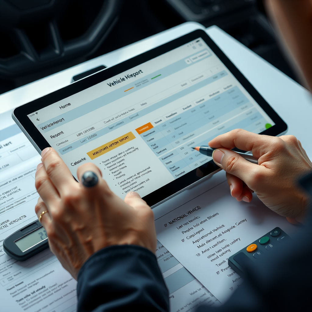 Persona analizando cuidadosamente un informe de historial vehicular en una tablet, con notas y marcadores resaltando secciones importantes, calculadora mostrando 250.000 ARS, y documentos de vehículo nacional sobre la mesa