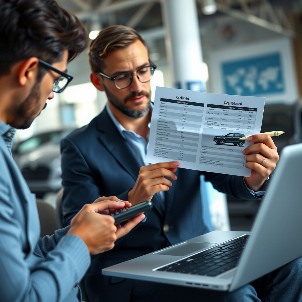 Persona evaluando opciones de compra de vehículo con documentos, calculadora y laptop, comparando especificaciones y precios entre vehículos certificados y usados regulares